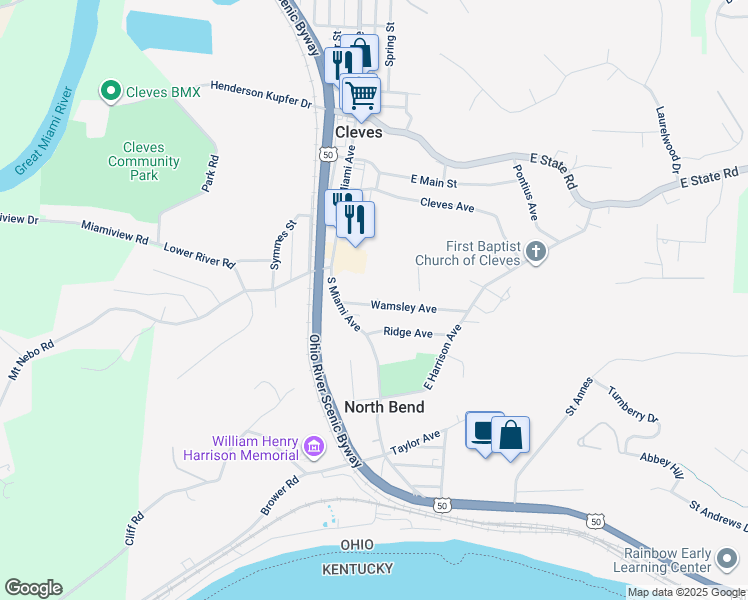 map of restaurants, bars, coffee shops, grocery stores, and more near 34 Wamsley Avenue in Cleves