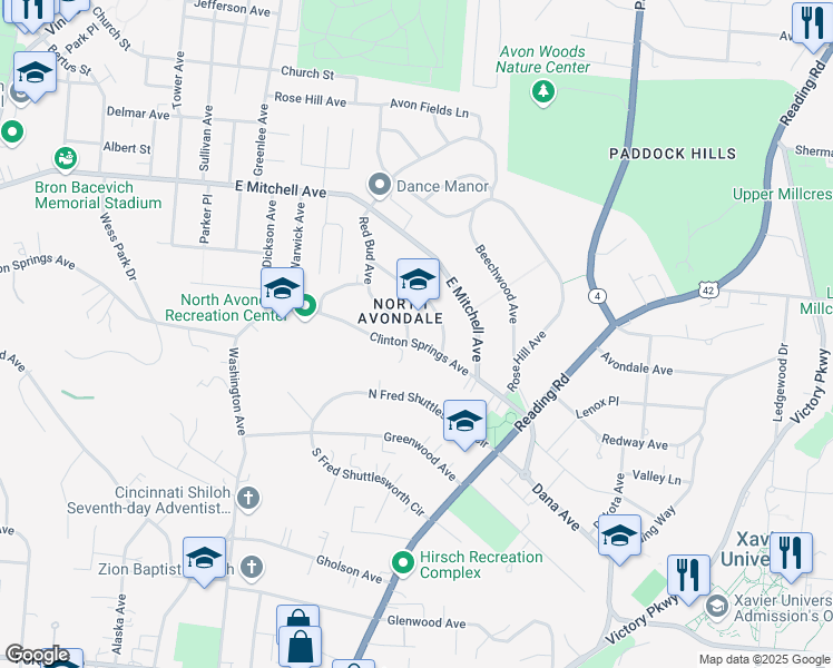 map of restaurants, bars, coffee shops, grocery stores, and more near 740 Clinton Springs Avenue in Cincinnati