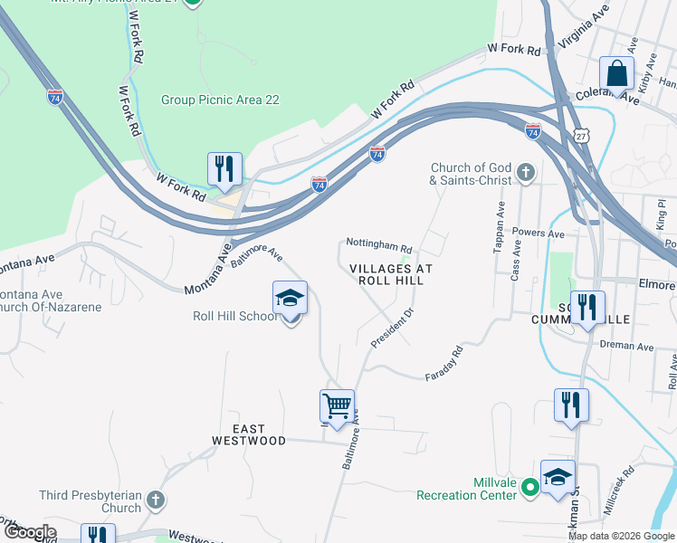 map of restaurants, bars, coffee shops, grocery stores, and more near 2523 Williamsburg Drive in Cincinnati