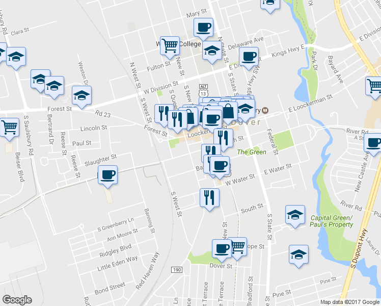map of restaurants, bars, coffee shops, grocery stores, and more near 450 West North Street in Dover