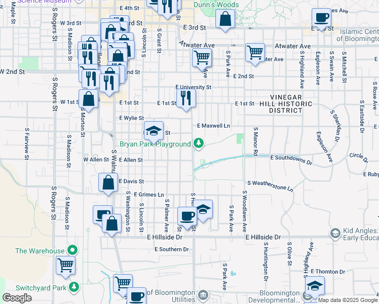 map of restaurants, bars, coffee shops, grocery stores, and more near 926 South Henderson Street in Bloomington