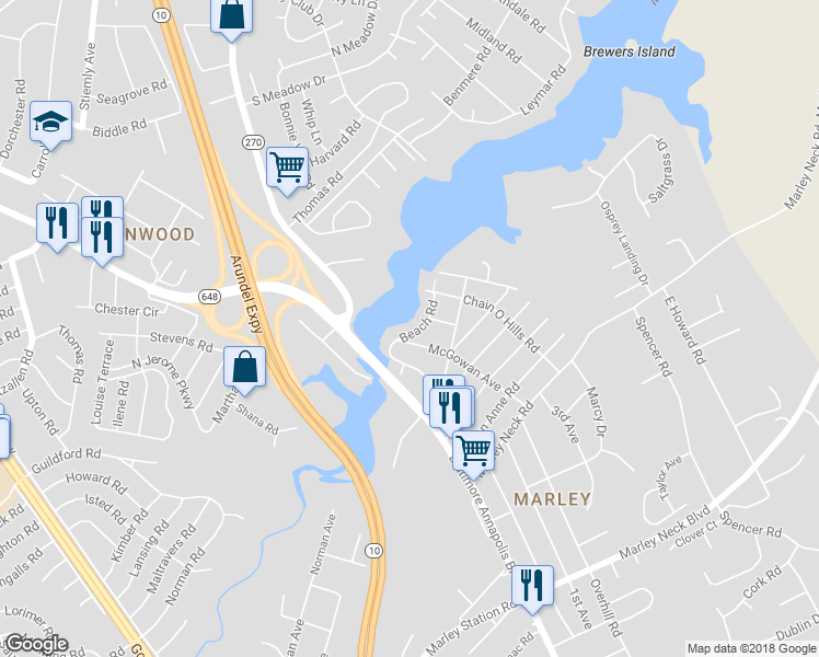map of restaurants, bars, coffee shops, grocery stores, and more near 11A Beach Road in Glen Burnie