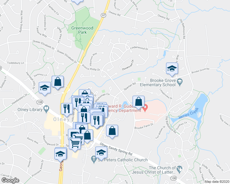 map of restaurants, bars, coffee shops, grocery stores, and more near 18217 Fox Chase Circle in Olney