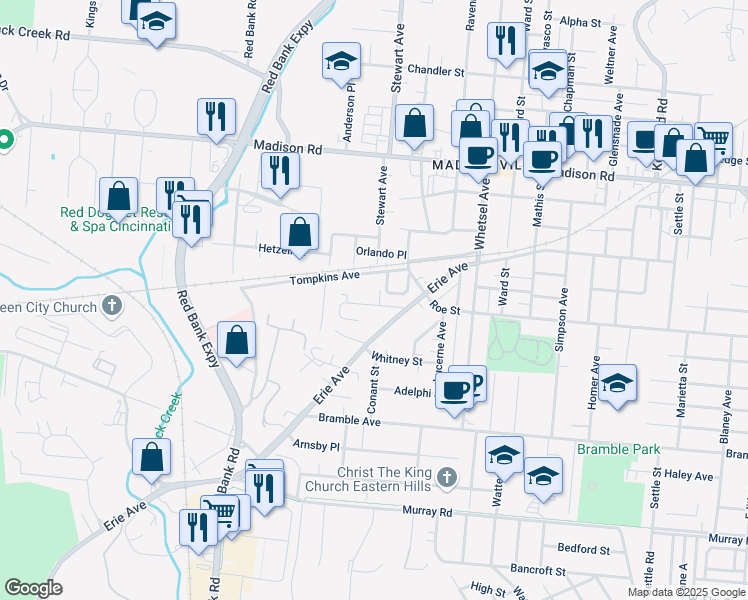 map of restaurants, bars, coffee shops, grocery stores, and more near 5546 Dunning Place in Cincinnati