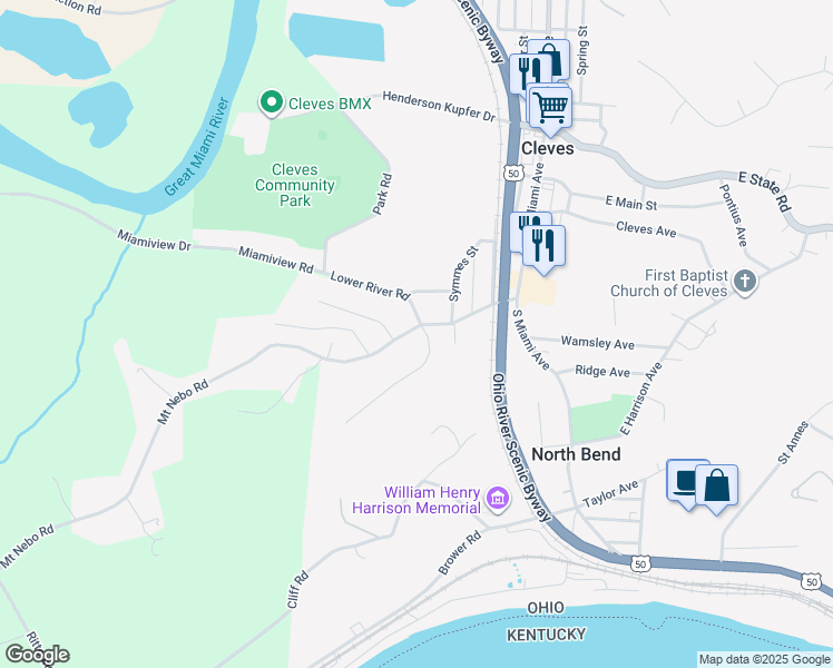 map of restaurants, bars, coffee shops, grocery stores, and more near 319 Mount Nebo Road in Cleves