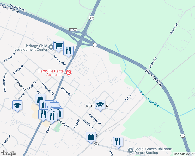 map of restaurants, bars, coffee shops, grocery stores, and more near 56 Wilson Drive in Berryville