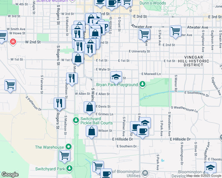 map of restaurants, bars, coffee shops, grocery stores, and more near 910 South Grant Street in Bloomington