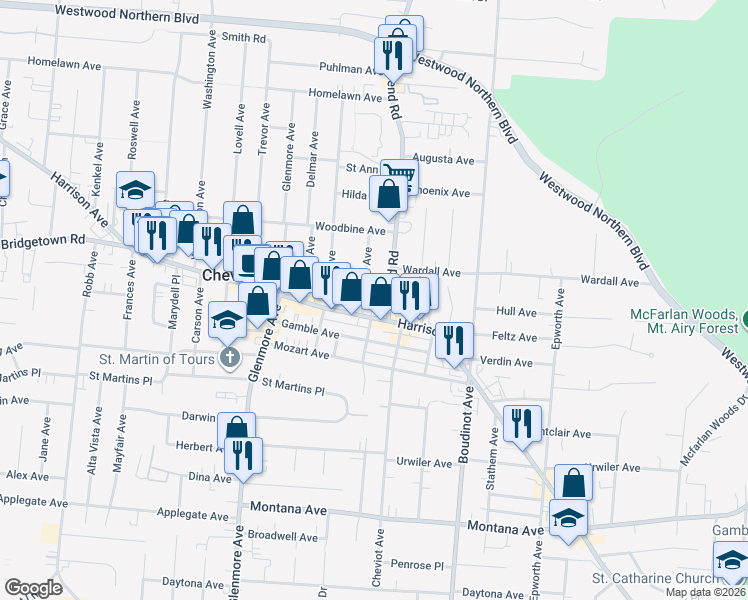map of restaurants, bars, coffee shops, grocery stores, and more near 3420 Harrison Avenue in Cincinnati