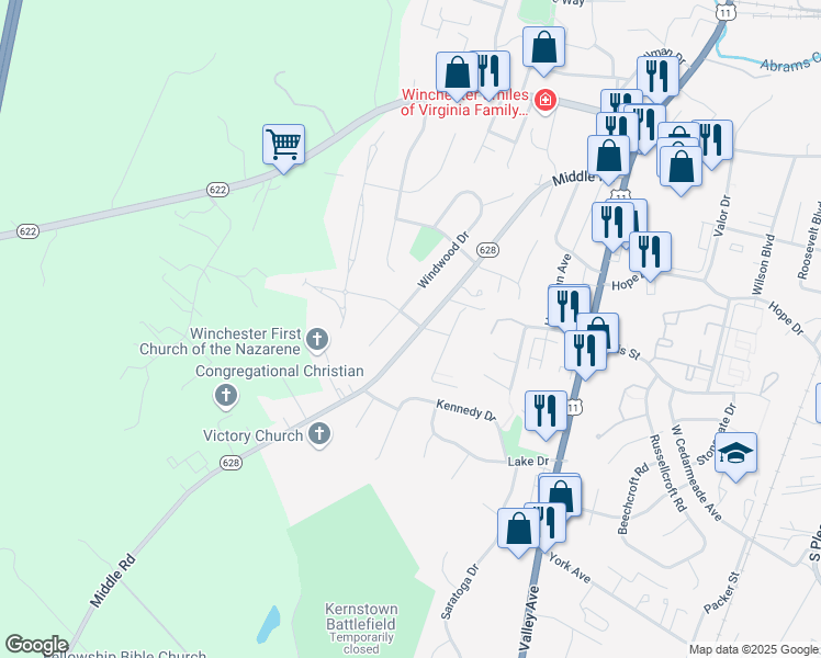 map of restaurants, bars, coffee shops, grocery stores, and more near 2701 Middle Road in Winchester