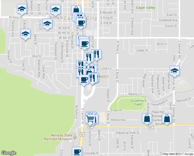 map of restaurants, bars, coffee shops, grocery stores, and more near in Carson City