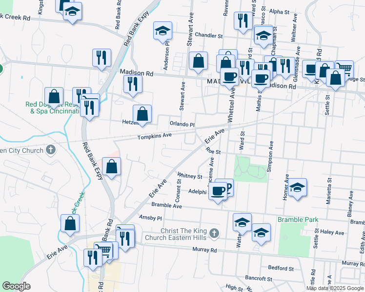 map of restaurants, bars, coffee shops, grocery stores, and more near 5550 Dunning Place in Cincinnati