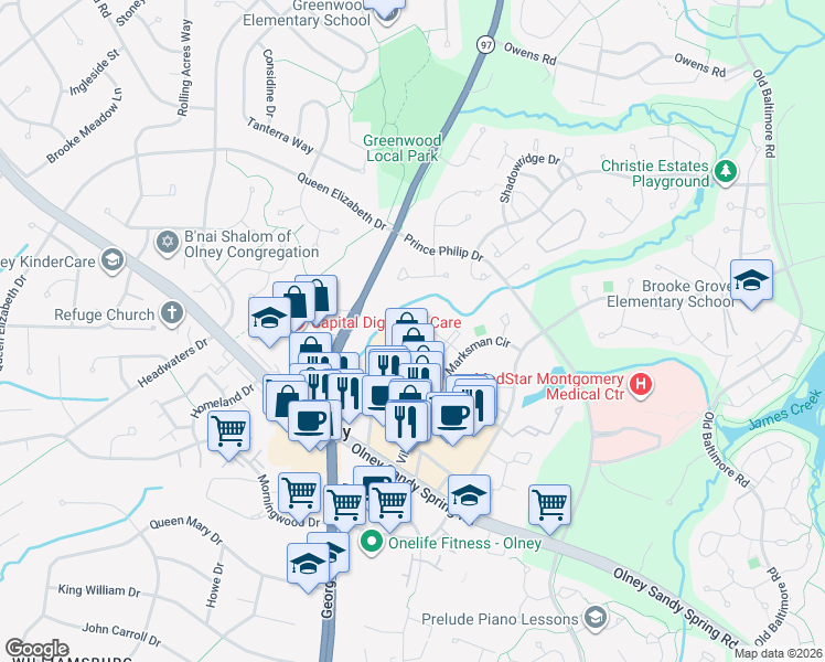 map of restaurants, bars, coffee shops, grocery stores, and more near 18240 Paladin Drive in Olney