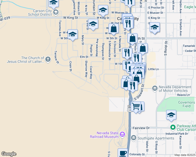 map of restaurants, bars, coffee shops, grocery stores, and more near 1110 Thompson Street in Carson City