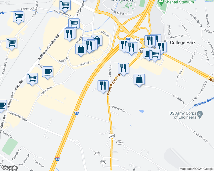 map of restaurants, bars, coffee shops, grocery stores, and more near 115 Garber Lane in Winchester