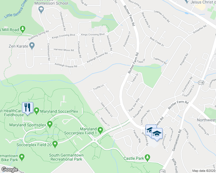 map of restaurants, bars, coffee shops, grocery stores, and more near 14501 Foolish Pleasure Road in Boyds