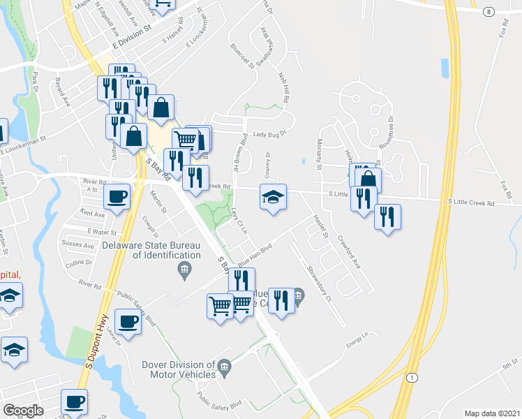 map of restaurants, bars, coffee shops, grocery stores, and more near 852 South Little Creek Road in Dover