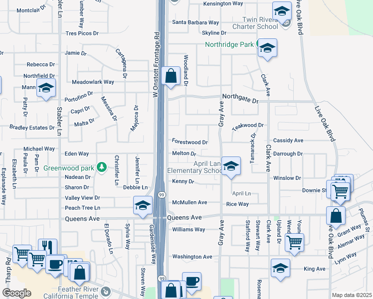 map of restaurants, bars, coffee shops, grocery stores, and more near 1263 Melton Drive in Yuba City