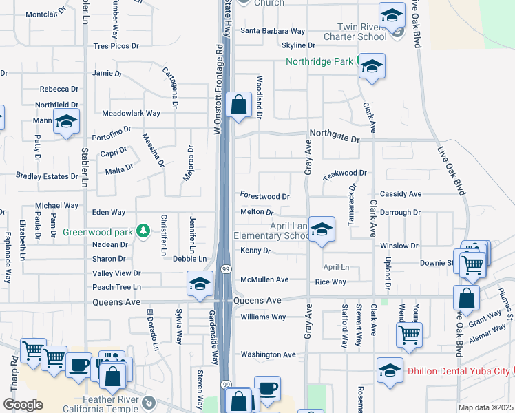 map of restaurants, bars, coffee shops, grocery stores, and more near 1263 Melton Drive in Yuba City