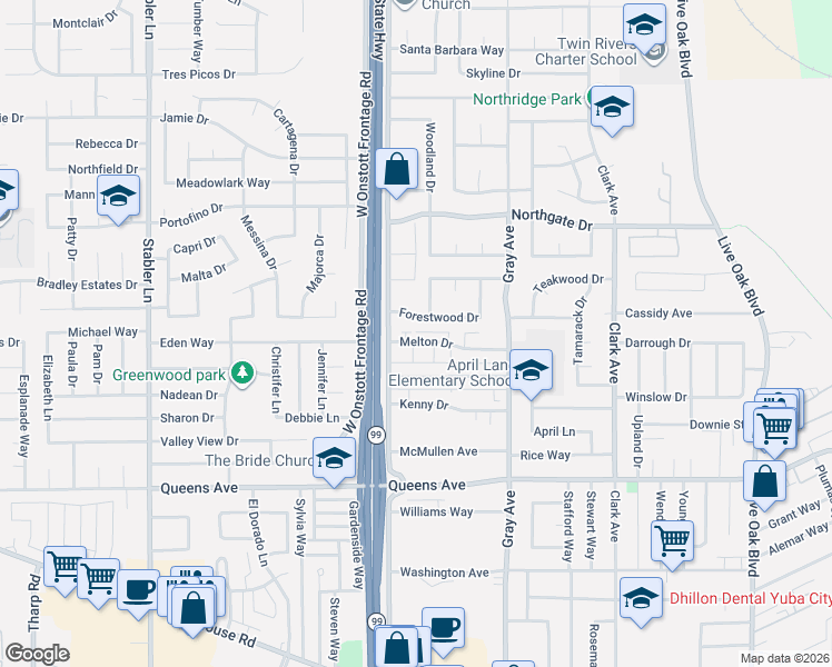 map of restaurants, bars, coffee shops, grocery stores, and more near 1263 Melton Drive in Yuba City