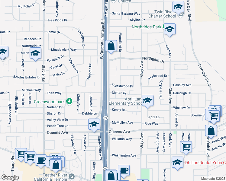 map of restaurants, bars, coffee shops, grocery stores, and more near 1263 Melton Drive in Yuba City