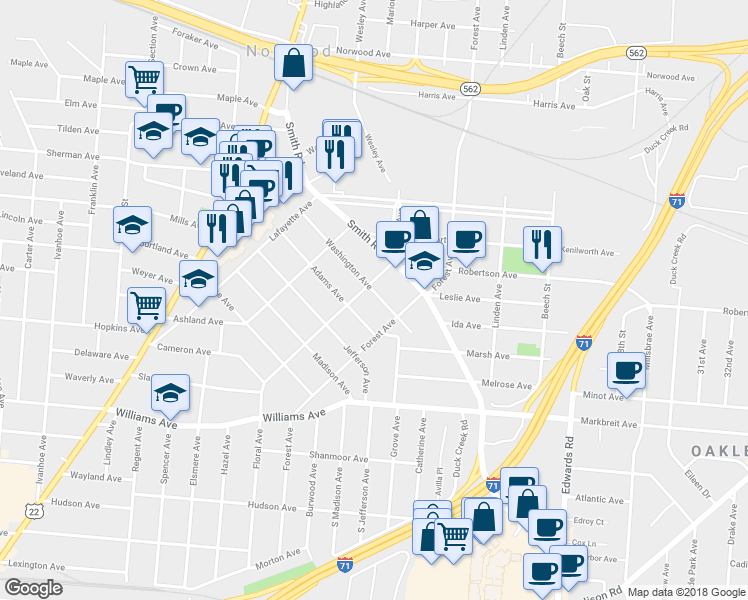 map of restaurants, bars, coffee shops, grocery stores, and more near 2320 Washington Avenue in Cincinnati
