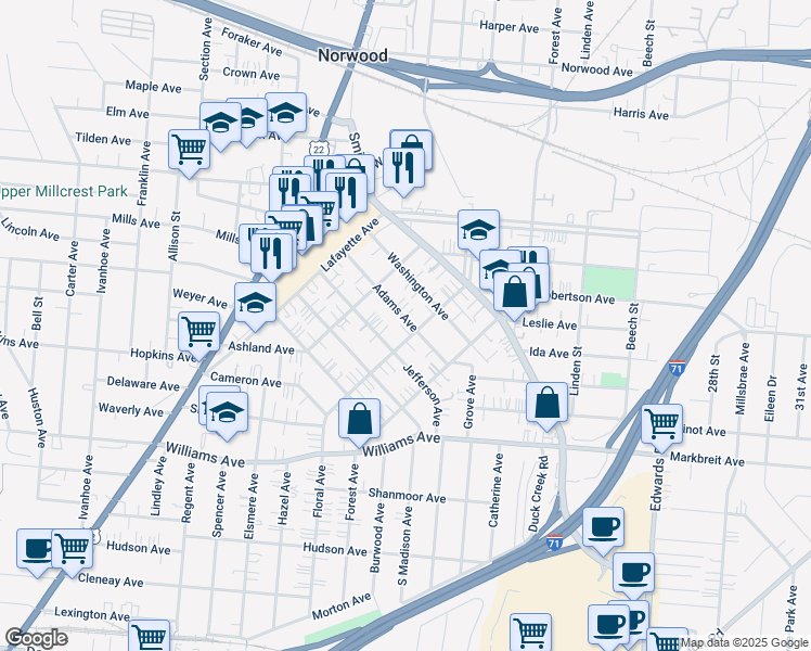 map of restaurants, bars, coffee shops, grocery stores, and more near 4328 Floral Avenue in Cincinnati