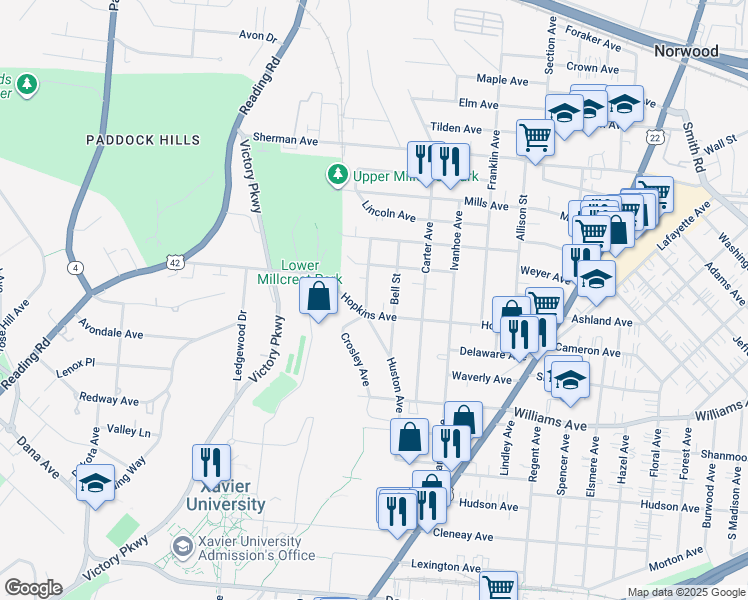 map of restaurants, bars, coffee shops, grocery stores, and more near 1734 Hopkins Avenue in Cincinnati