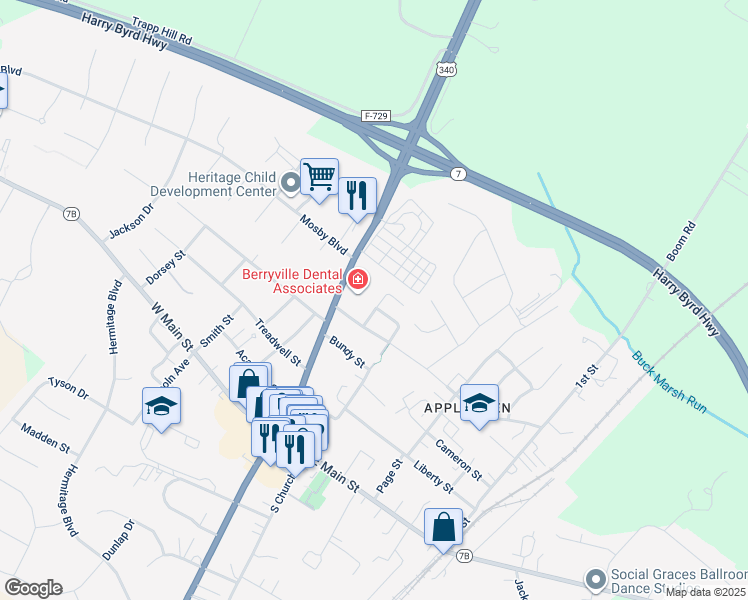 map of restaurants, bars, coffee shops, grocery stores, and more near 413 Ridge Road in Berryville