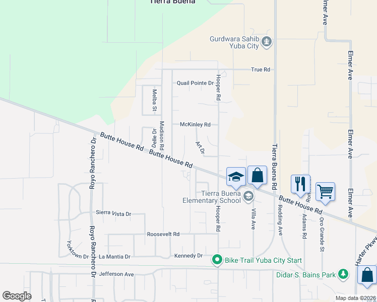 map of restaurants, bars, coffee shops, grocery stores, and more near 1979 Becky Lane in Yuba City