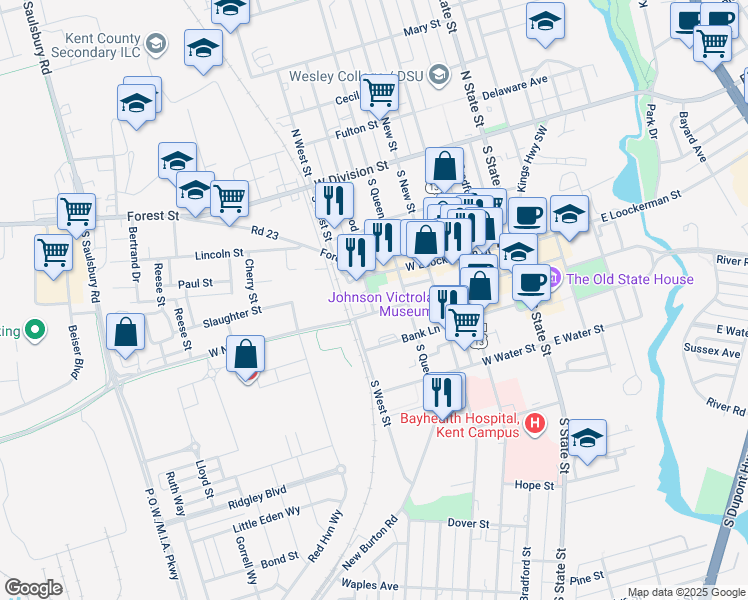 map of restaurants, bars, coffee shops, grocery stores, and more near 21 Jerusalem Way in Dover