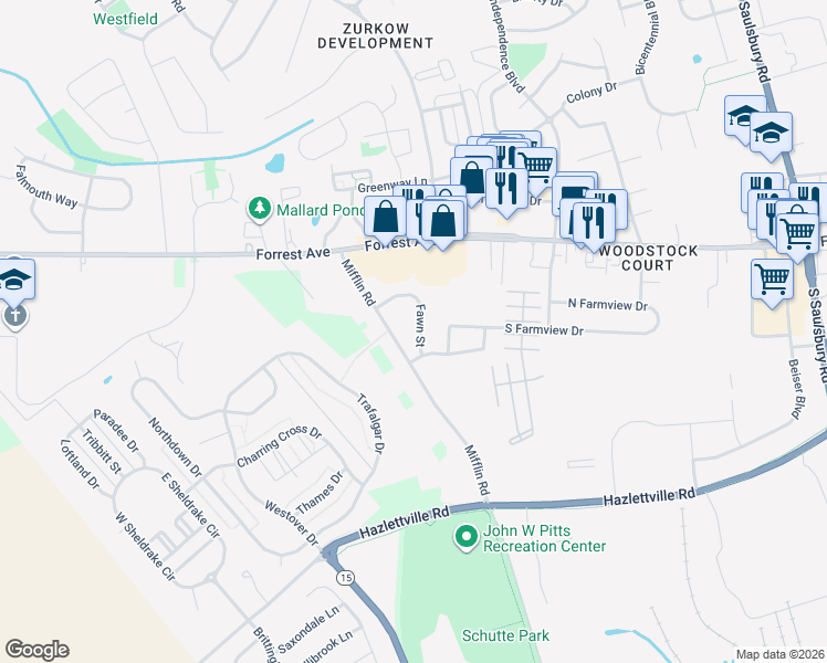 map of restaurants, bars, coffee shops, grocery stores, and more near 1526 Fawn Street in Dover