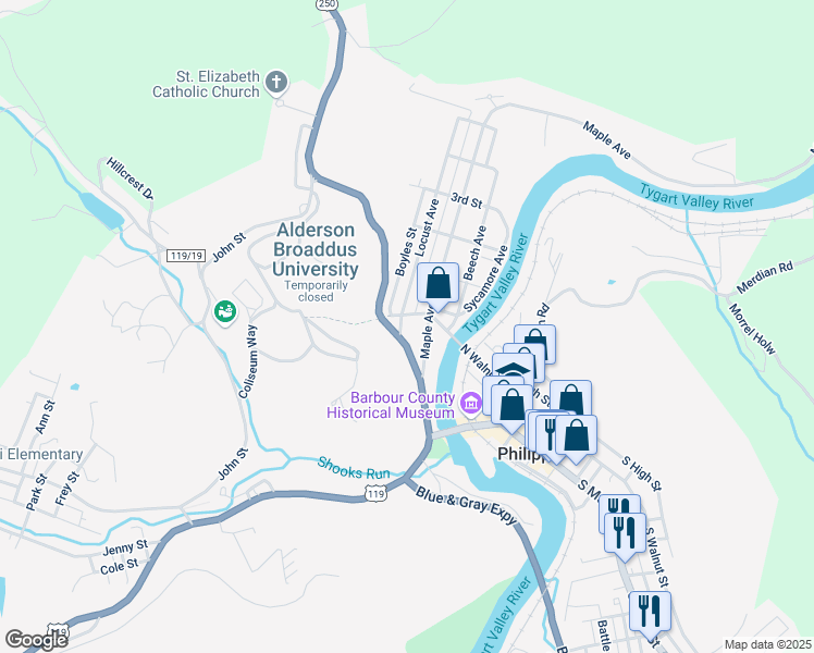 map of restaurants, bars, coffee shops, grocery stores, and more near 91 Maple Ave in Philippi