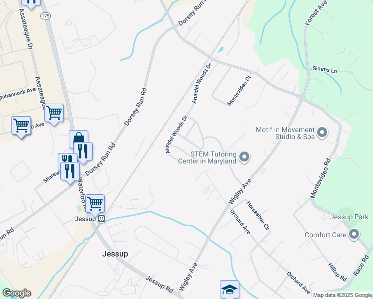 map of restaurants, bars, coffee shops, grocery stores, and more near Owls Nest Way in Jessup