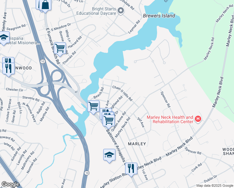 map of restaurants, bars, coffee shops, grocery stores, and more near 16 Ridge Road in Glen Burnie