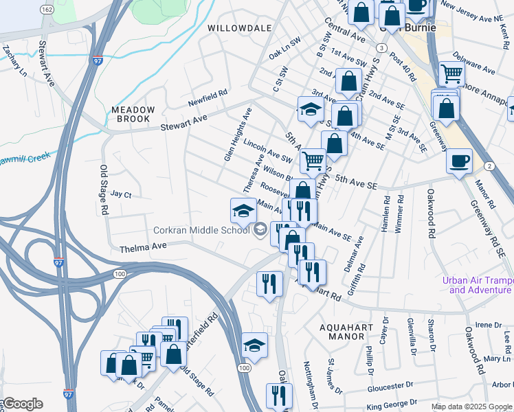 map of restaurants, bars, coffee shops, grocery stores, and more near 111 Main Avenue Southwest in Glen Burnie
