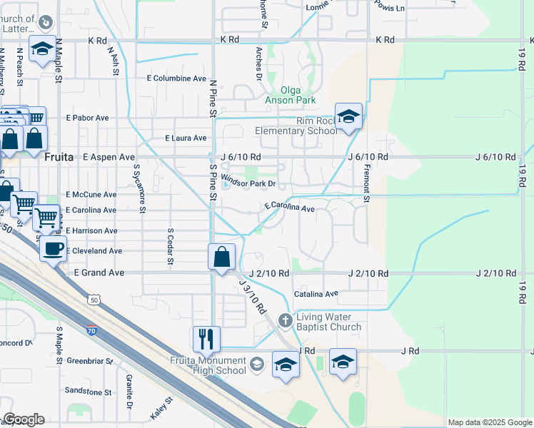 map of restaurants, bars, coffee shops, grocery stores, and more near 1214 East Carolina Avenue in Fruita