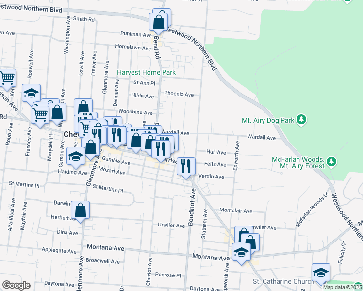 map of restaurants, bars, coffee shops, grocery stores, and more near 3814 Meyerfeld Avenue in Cincinnati