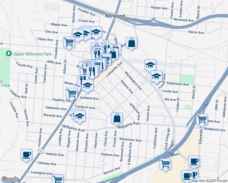 map of restaurants, bars, coffee shops, grocery stores, and more near 4336 Ashland Avenue in Cincinnati