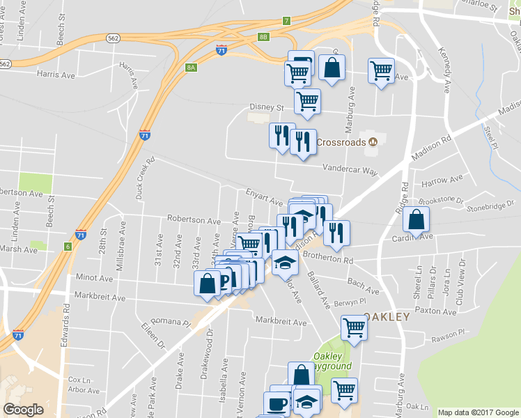 map of restaurants, bars, coffee shops, grocery stores, and more near 4425 Appleton Street in Cincinnati