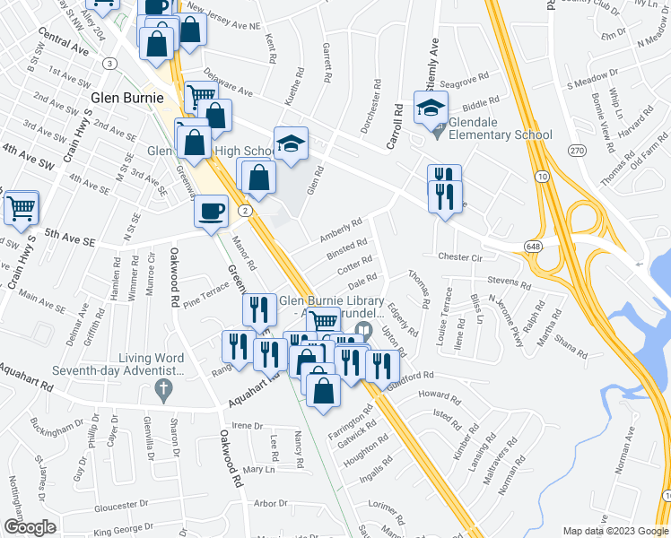 map of restaurants, bars, coffee shops, grocery stores, and more near 712 Cotter Road in Glen Burnie