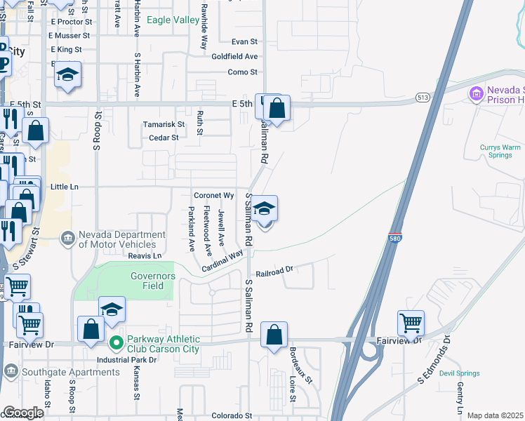 map of restaurants, bars, coffee shops, grocery stores, and more near 1530 Firebox Road in Carson City
