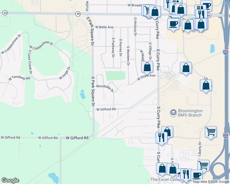 map of restaurants, bars, coffee shops, grocery stores, and more near 1118 Woodside Drive in Bloomington