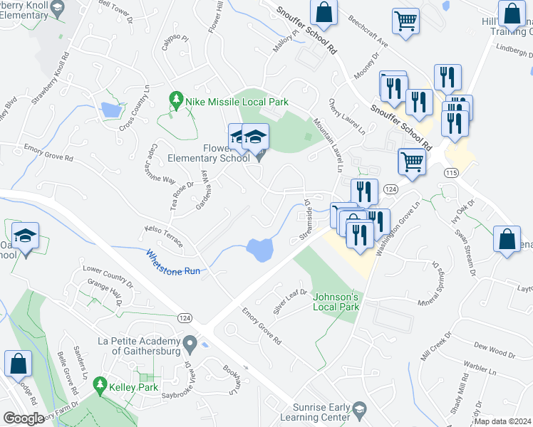 map of restaurants, bars, coffee shops, grocery stores, and more near 8104 Hallmark Place in Gaithersburg