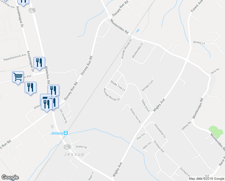 map of restaurants, bars, coffee shops, grocery stores, and more near Owls Nest Way in Jessup