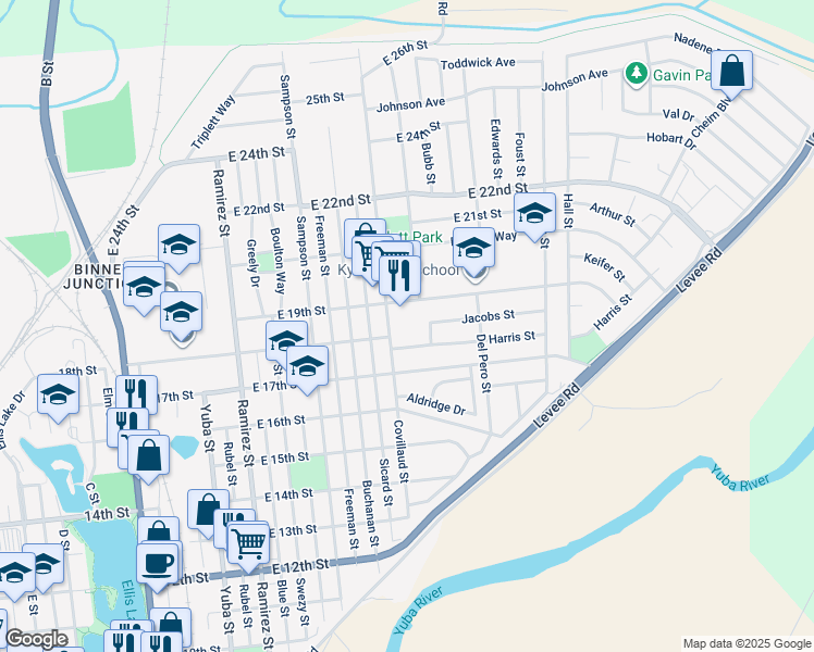 map of restaurants, bars, coffee shops, grocery stores, and more near 1732 Gloria Street in Marysville