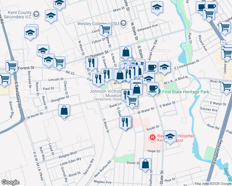 map of restaurants, bars, coffee shops, grocery stores, and more near 450 West North Street in Dover