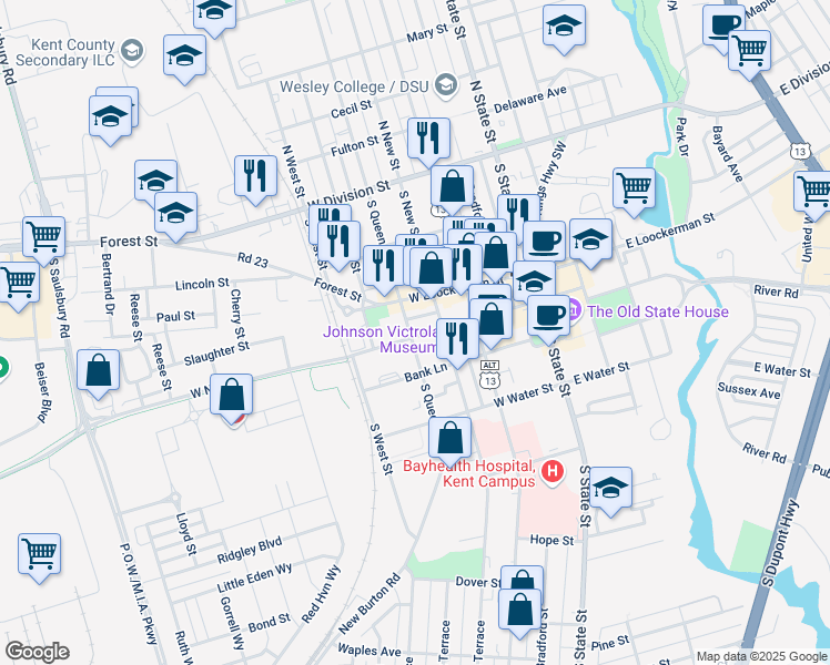map of restaurants, bars, coffee shops, grocery stores, and more near 450 West North Street in Dover