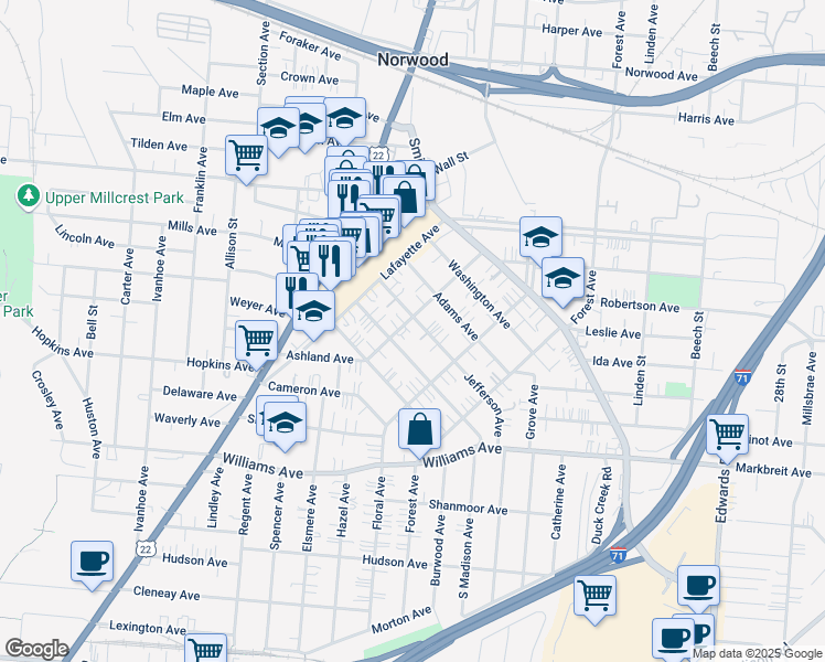 map of restaurants, bars, coffee shops, grocery stores, and more near 4336 Ashland Avenue in Cincinnati