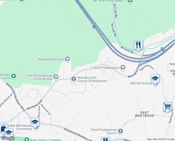 map of restaurants, bars, coffee shops, grocery stores, and more near 2481 Montana Avenue in Cincinnati