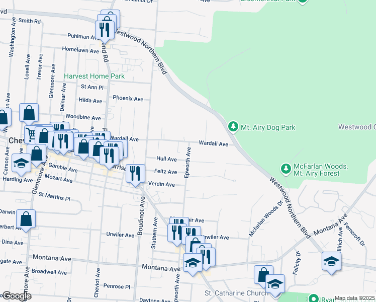 map of restaurants, bars, coffee shops, grocery stores, and more near 3644 Epworth Avenue in Cincinnati